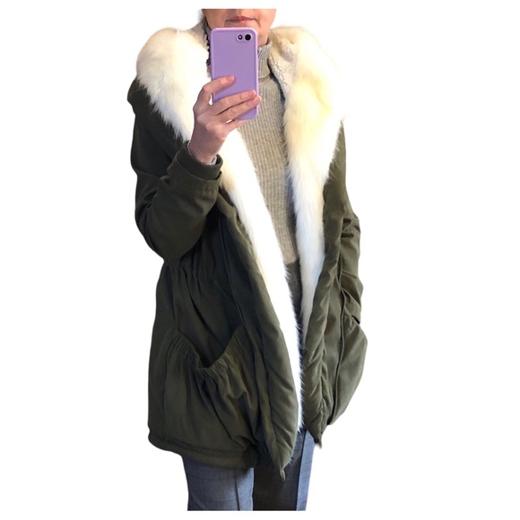 Roiii Womens Green Hooded Parka Coat Faux Fur Trim Sherpa Fleece Lining Zipper - Picture 4 of 16